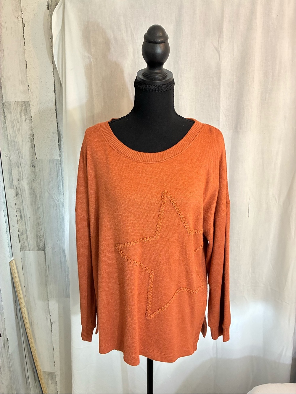 Democracy Rust Orange Star-Embroidered Scoop Neck Sweater